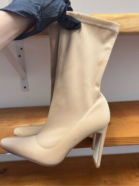 Women's Beige Stretch Sock Boot with Pointed Toe and Block Heel